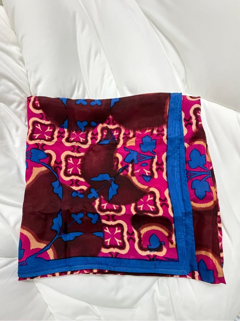 Zara Pink & Burgundy Floral-Pattern Scarf with Blue Border